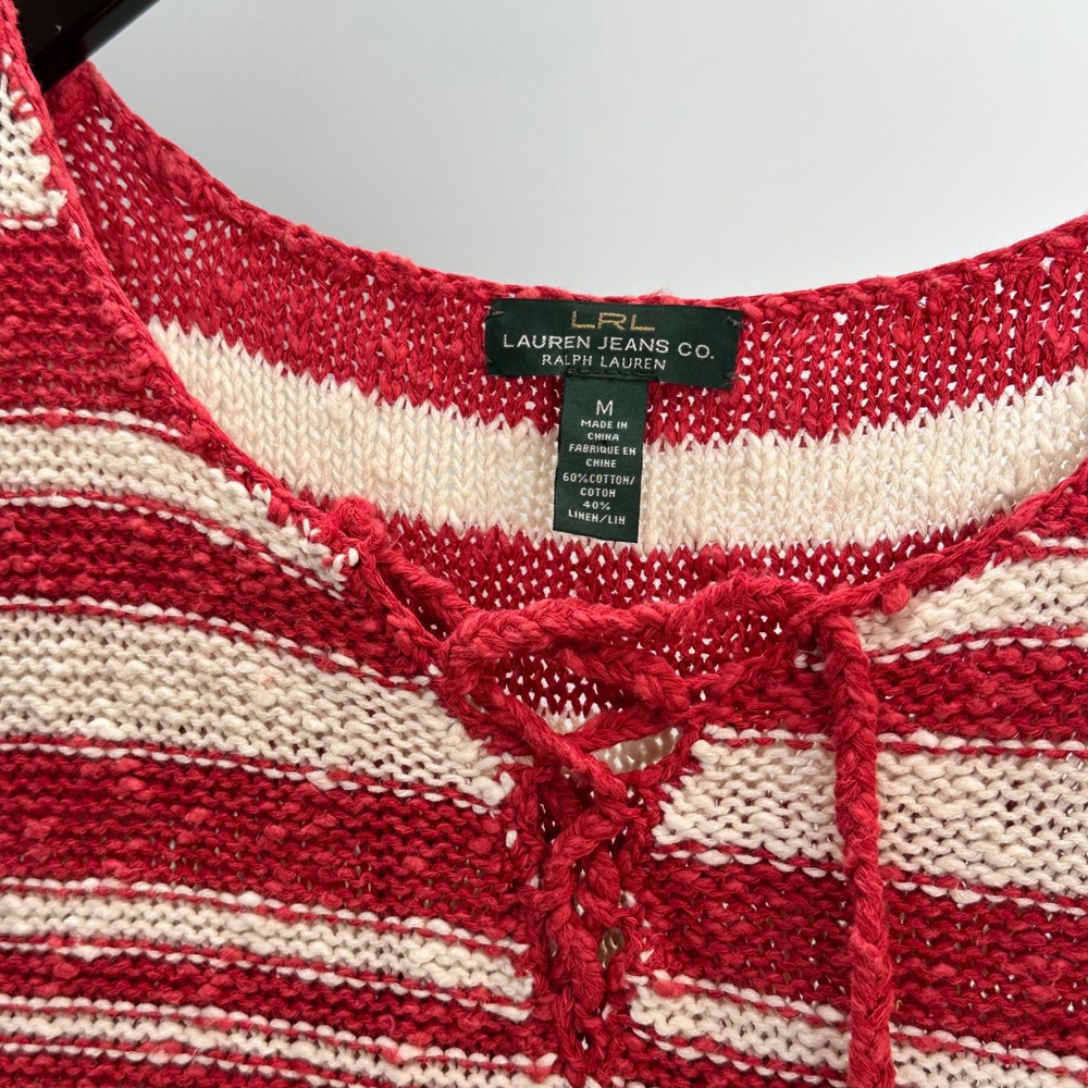 LRL Ralph Lauren Striped Knit Top Sleeveless Lace Up Red Cream Women's M‎ - Picture 2 of 5